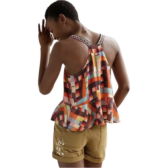 Anthropologie Pilcro Patchwork Abstract Button-Front Peplum Tank Top, Medium - Picture 3 of 4
